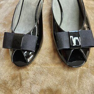 Stuart Weitzman Peep Toe Patent Leather Mules